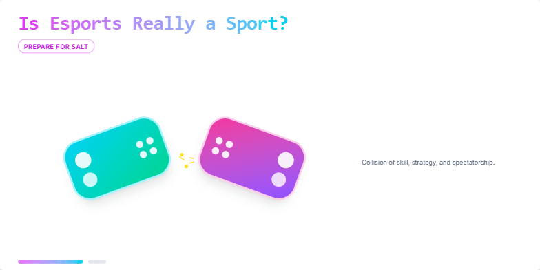 A dynamic slide debating 'Is Esports Really a Sport?' with clashing game controllers, vibrant esports team colors, and a 'Sport Test' checklist analyzing skill, rules, competition, and spectatorship. Fragment #2