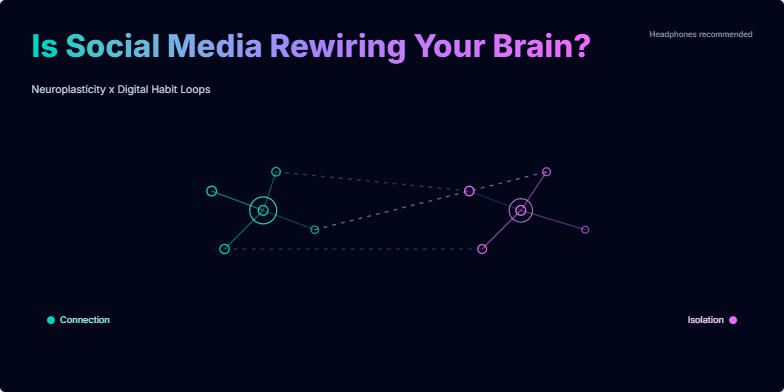 Dark background with vibrant neon title: 'Is Social Media Rewiring Your Brain?'. Animated neural pathways in teal and fuchsia pulse, representing connection and isolation. A visual habit loop (Cue > Scroll > Reward > Craving) illustrates the formation of digital habits. Fragment #3