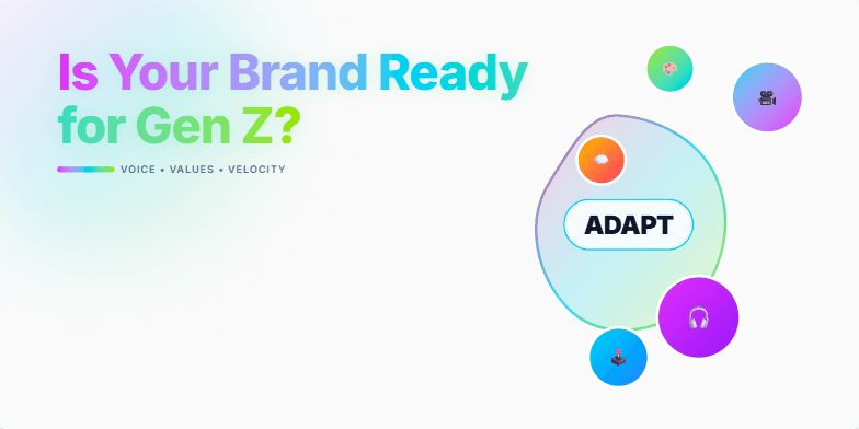 A slide with a vibrant neon gradient background and bold text asking 'Is Your Brand Ready for Gen Z?'. A morphing, colorful blob animation suggests adaptation, surrounded by icons representing content creation.  Key phrases like 'Voice, Values, and Velocity' highlight the core message. Fragment #2