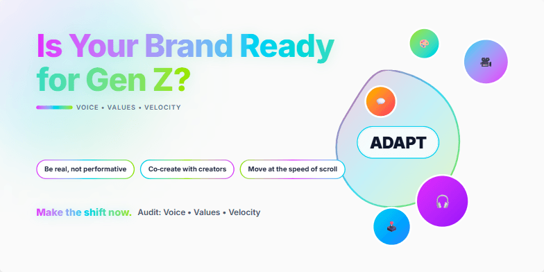 A slide with a vibrant neon gradient background and bold text asking 'Is Your Brand Ready for Gen Z?'. A morphing, colorful blob animation suggests adaptation, surrounded by icons representing content creation.  Key phrases like 'Voice, Values, and Velocity' highlight the core message.