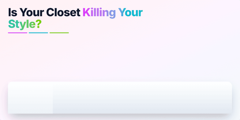 A slide with a pastel background and neon accents. The title 'Is Your Closet Killing Your Style?' is displayed in bold typography.  Three silhouetted figures represent common wardrobe mistakes: 'Too Much Stuff,' 'Color Chaos,' and 'Fit Blindness.' A subtle animation mimics a runway show. Fragment #2