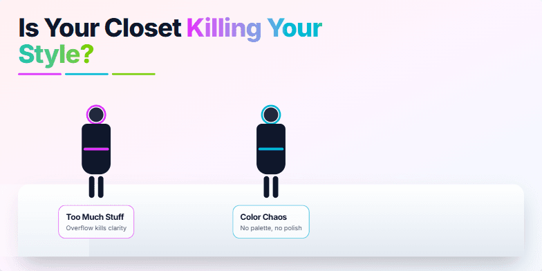 A slide with a pastel background and neon accents. The title 'Is Your Closet Killing Your Style?' is displayed in bold typography.  Three silhouetted figures represent common wardrobe mistakes: 'Too Much Stuff,' 'Color Chaos,' and 'Fit Blindness.' A subtle animation mimics a runway show. Fragment #4