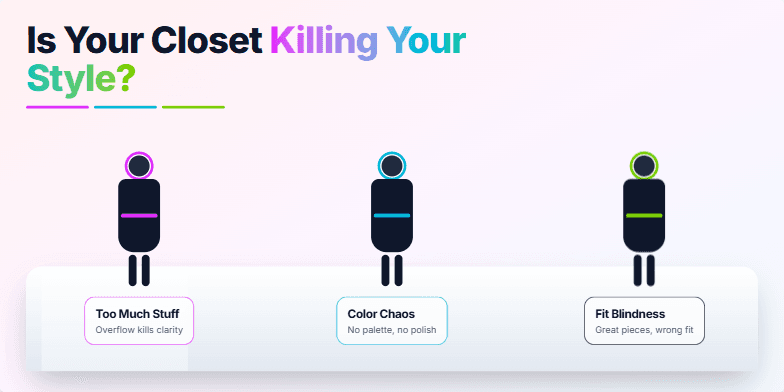 A slide with a pastel background and neon accents. The title 'Is Your Closet Killing Your Style?' is displayed in bold typography.  Three silhouetted figures represent common wardrobe mistakes: 'Too Much Stuff,' 'Color Chaos,' and 'Fit Blindness.' A subtle animation mimics a runway show. Fragment #5