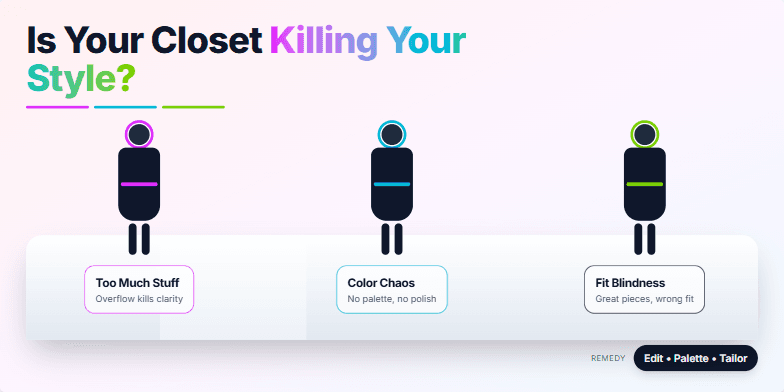 A slide with a pastel background and neon accents. The title 'Is Your Closet Killing Your Style?' is displayed in bold typography.  Three silhouetted figures represent common wardrobe mistakes: 'Too Much Stuff,' 'Color Chaos,' and 'Fit Blindness.' A subtle animation mimics a runway show.