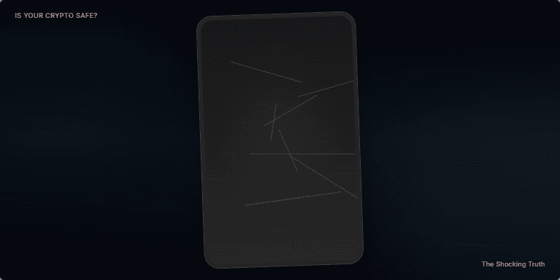 A stylized cracked phone screen with a pulsating neon green question mark in the center, set against a dark, moody background. The text 'Is Your Crypto Safe?' appears in the top-left corner, and 'The Shocking Truth' in the bottom-right, creating a sense of urgency and intrigue. Fragment #1