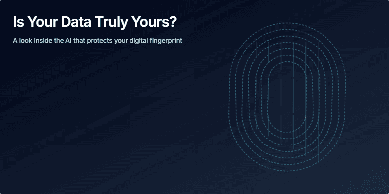 A futuristic slide with text on the left asking 'Is Your Data Truly Yours?'. On the right, a glowing blue digital fingerprint is protected by a crystalline shield from incoming red data spikes, all against a dark background. Fragment #1