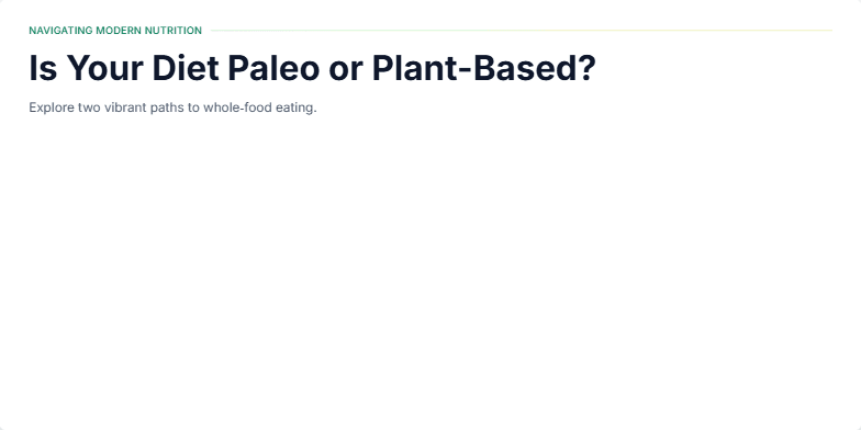 Slide comparing Paleo and Plant-Based diets. Two panels highlight key aspects of each diet with vibrant colors and smooth animations. Fragment #1