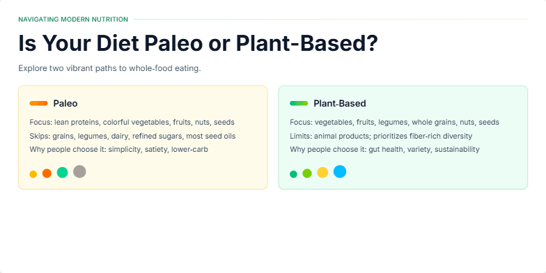 Slide comparing Paleo and Plant-Based diets. Two panels highlight key aspects of each diet with vibrant colors and smooth animations. Fragment #2