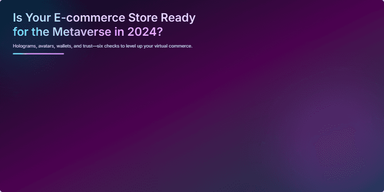 A cyberpunk-themed slide exploring e-commerce metaverse readiness in 2024. It features holographic product displays, a dynamic checklist, and a progress meter, all against a vibrant, futuristic backdrop. Fragment #1