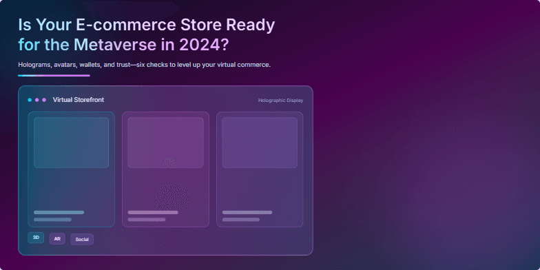 A cyberpunk-themed slide exploring e-commerce metaverse readiness in 2024. It features holographic product displays, a dynamic checklist, and a progress meter, all against a vibrant, futuristic backdrop. Fragment #2