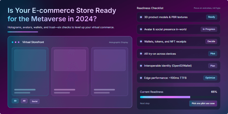 A cyberpunk-themed slide exploring e-commerce metaverse readiness in 2024. It features holographic product displays, a dynamic checklist, and a progress meter, all against a vibrant, futuristic backdrop.