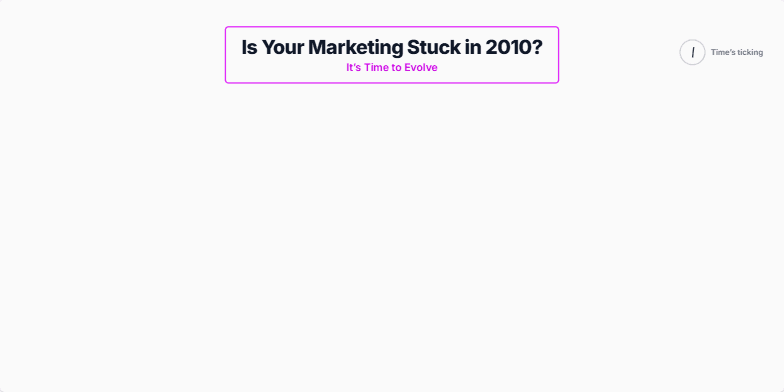 A split-screen slide contrasting outdated, pixelated marketing tactics (like pop-up ads) with modern, sleek visuals representing holographic projections and dynamic data streams. A ticking clock emphasizes the urgency of updating marketing strategies. Fragment #1