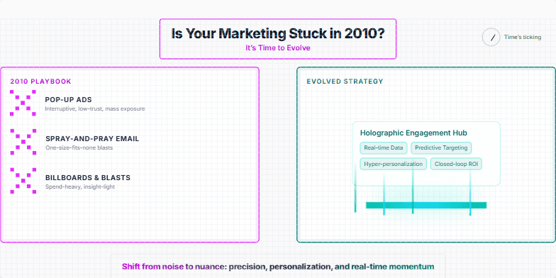 A split-screen slide contrasting outdated, pixelated marketing tactics (like pop-up ads) with modern, sleek visuals representing holographic projections and dynamic data streams. A ticking clock emphasizes the urgency of updating marketing strategies.