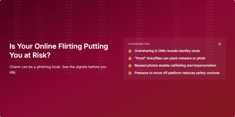 A slide with a dark red background and cascading binary code. The title asks 'Is Your Online Flirting Putting You at Risk?' and the slide lists online vulnerabilities and quick self-checks for staying safe. Fragment #2