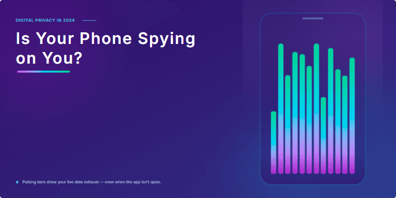 A cyberpunk-themed slide visualizing data streams flowing from a smartphone, highlighting the issue of digital privacy in 2024 with statistics on app trackers and permissions. Fragment #1