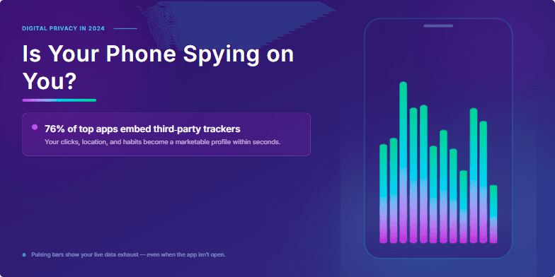 A cyberpunk-themed slide visualizing data streams flowing from a smartphone, highlighting the issue of digital privacy in 2024 with statistics on app trackers and permissions. Fragment #2