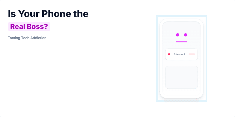 A stylized phone character, animated to represent the demanding nature of tech addiction, is central.  Surrounding text highlights the theme "Is Your Phone the Real Boss? Taming Tech Addiction" and provides actionable steps to regain control. The color palette uses calming pastels contrasted with vibrant neon accents. In a less prominent state, the phone character appears calmer with surrounding pings and notification alerts toned down or removed. Fragment #1