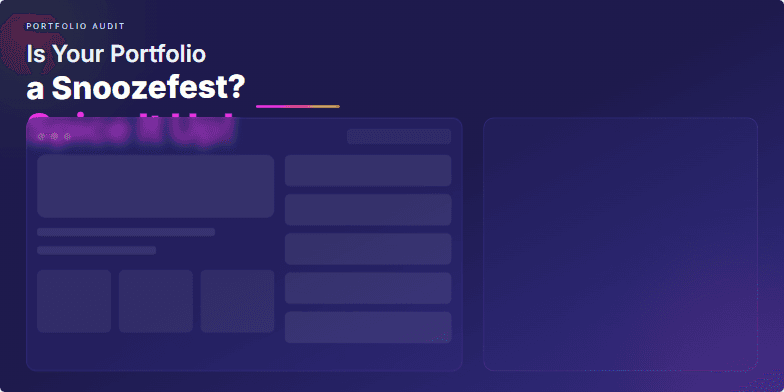 Slide with a dark indigo background and neon pink and green accents. Title: 'Is Your Portfolio a Snoozefest? Spice It Up!' with subtle animation on 'Snoozefest'. Mock portfolio elements are shown transitioning from static grayscale to dynamic and colorful versions, highlighting the impact of adding visual flair and micro-interactions. Fragment #1