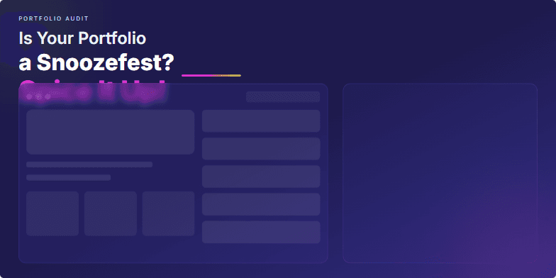 Slide with a dark indigo background and neon pink and green accents. Title: 'Is Your Portfolio a Snoozefest? Spice It Up!' with subtle animation on 'Snoozefest'. Mock portfolio elements are shown transitioning from static grayscale to dynamic and colorful versions, highlighting the impact of adding visual flair and micro-interactions. Fragment #2