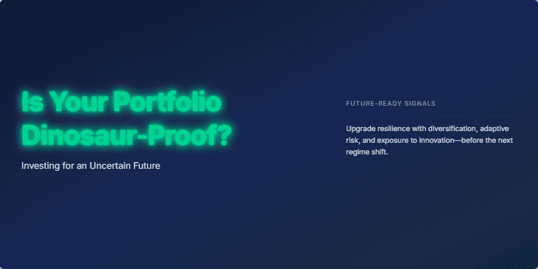 A dark blue slide with a fading low-poly dinosaur skeleton and glowing green title: 'Is Your Portfolio Dinosaur-Proof? Investing for an Uncertain Future'. Modern stock tickers and actionable investment advice complete the visual. Fragment #1
