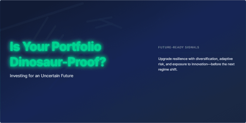A dark blue slide with a fading low-poly dinosaur skeleton and glowing green title: 'Is Your Portfolio Dinosaur-Proof? Investing for an Uncertain Future'. Modern stock tickers and actionable investment advice complete the visual. Fragment #2
