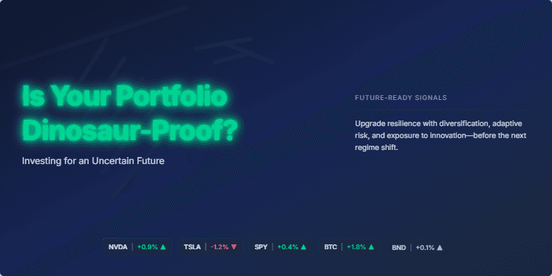 A dark blue slide with a fading low-poly dinosaur skeleton and glowing green title: 'Is Your Portfolio Dinosaur-Proof? Investing for an Uncertain Future'. Modern stock tickers and actionable investment advice complete the visual. Fragment #3