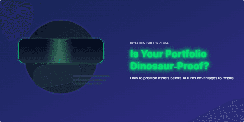 A stylized T-Rex skeleton wearing a futuristic VR headset against a dark blue background. The title 'Is Your Portfolio Dinosaur-Proof? Investing for the AI Age' is displayed in neon green. Fragment #1