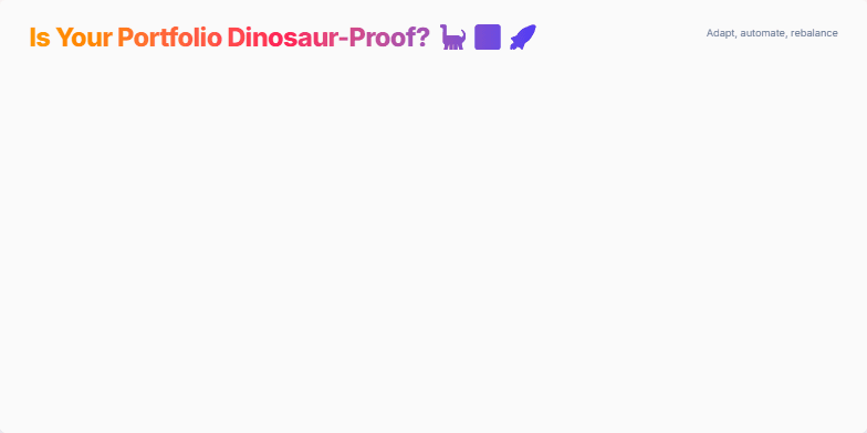 A slide depicting a dinosaur transforming into a rocket, symbolizing the shift from outdated investment strategies to modern, adaptive approaches.  A meteor shower of data points illustrates market volatility, while a small chart highlights the performance advantage of data-driven strategies. Fragment #1