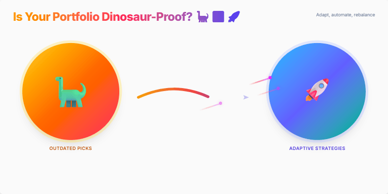A slide depicting a dinosaur transforming into a rocket, symbolizing the shift from outdated investment strategies to modern, adaptive approaches.  A meteor shower of data points illustrates market volatility, while a small chart highlights the performance advantage of data-driven strategies. Fragment #3