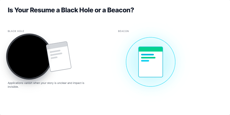A slide visualizing the transformation of a resume from a black hole absorbing applications to a shining beacon attracting opportunities.  A stylized resume icon morphs from dark and void-like to bright and radiating, illustrating the impact of key improvements. Fragment #2