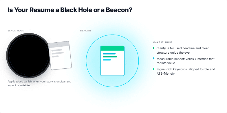 A slide visualizing the transformation of a resume from a black hole absorbing applications to a shining beacon attracting opportunities.  A stylized resume icon morphs from dark and void-like to bright and radiating, illustrating the impact of key improvements.