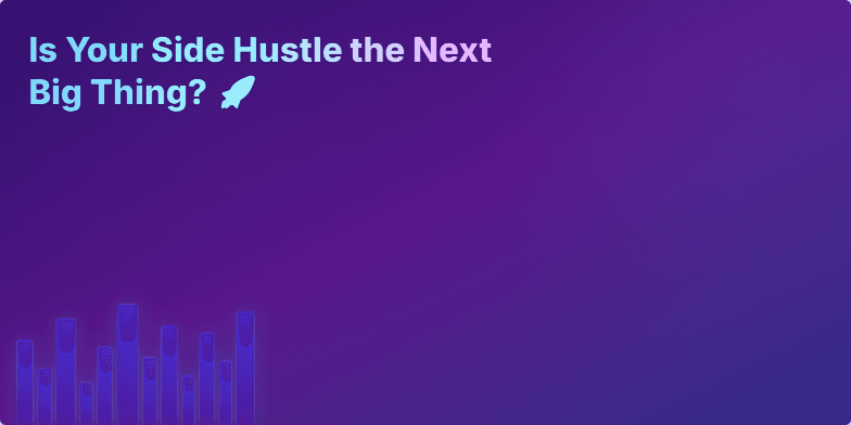 A slide with a neon cityscape backdrop and a dynamic growth chart illustrating the potential of turning a side hustle into a successful business. Animated icons represent trending side hustles. Fragment #1
