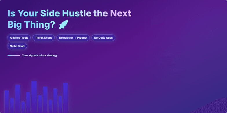 A slide with a neon cityscape backdrop and a dynamic growth chart illustrating the potential of turning a side hustle into a successful business. Animated icons represent trending side hustles. Fragment #2