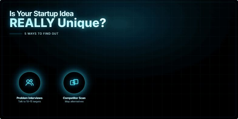 A slide with a dark, futuristic design. The title 'Is Your Startup Idea REALLY Unique?' shimmers in holographic blue. Five glowing icons represent methods to validate startup ideas: problem interviews, competitor scan, search & trends, smoke-test landing page, and willingness to pay. Fragment #4