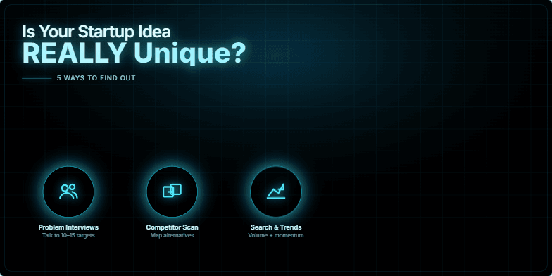 A slide with a dark, futuristic design. The title 'Is Your Startup Idea REALLY Unique?' shimmers in holographic blue. Five glowing icons represent methods to validate startup ideas: problem interviews, competitor scan, search & trends, smoke-test landing page, and willingness to pay. Fragment #5