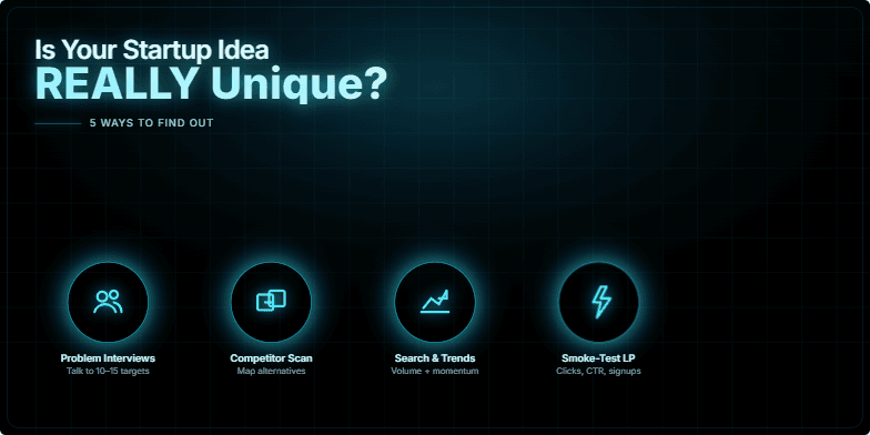 A slide with a dark, futuristic design. The title 'Is Your Startup Idea REALLY Unique?' shimmers in holographic blue. Five glowing icons represent methods to validate startup ideas: problem interviews, competitor scan, search & trends, smoke-test landing page, and willingness to pay. Fragment #6