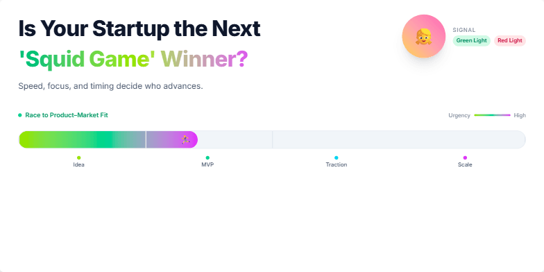 A slide with a 'Squid Game' inspired design.  Neon colors, an animated progress bar, and a subtle 'Red Light, Green Light' doll icon convey the urgency and competition of startup growth. Fragment #2