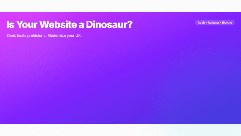 A slide contrasting a sleek, modern website design with a pixelated dinosaur graphic, symbolizing the need for website modernization. Fragment #1