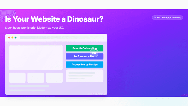A slide contrasting a sleek, modern website design with a pixelated dinosaur graphic, symbolizing the need for website modernization. Fragment #2