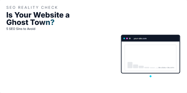 A dark-themed slide titled 'Is Your Website a Ghost Town? 5 SEO Sins to Avoid.' Five common SEO issues, like missing title tags and slow performance, are visualized as ghostly chains dragging down a website icon. Neon accents and glitch animations highlight the problems. Fragment #2