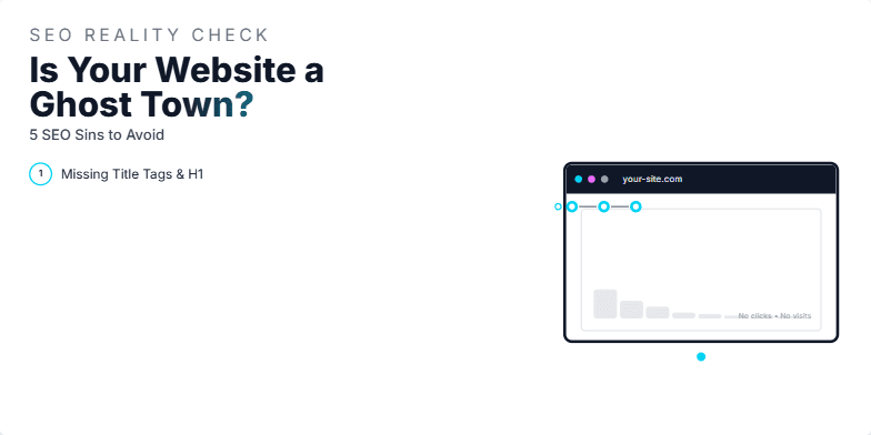 A dark-themed slide titled 'Is Your Website a Ghost Town? 5 SEO Sins to Avoid.' Five common SEO issues, like missing title tags and slow performance, are visualized as ghostly chains dragging down a website icon. Neon accents and glitch animations highlight the problems. Fragment #3