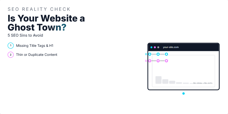 A dark-themed slide titled 'Is Your Website a Ghost Town? 5 SEO Sins to Avoid.' Five common SEO issues, like missing title tags and slow performance, are visualized as ghostly chains dragging down a website icon. Neon accents and glitch animations highlight the problems. Fragment #4