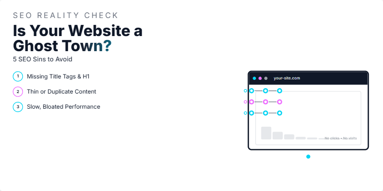 A dark-themed slide titled 'Is Your Website a Ghost Town? 5 SEO Sins to Avoid.' Five common SEO issues, like missing title tags and slow performance, are visualized as ghostly chains dragging down a website icon. Neon accents and glitch animations highlight the problems. Fragment #5