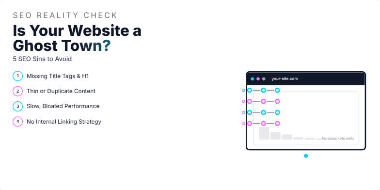A dark-themed slide titled 'Is Your Website a Ghost Town? 5 SEO Sins to Avoid.' Five common SEO issues, like missing title tags and slow performance, are visualized as ghostly chains dragging down a website icon. Neon accents and glitch animations highlight the problems. Fragment #6