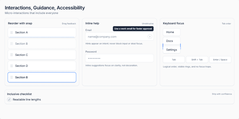 Screenshot of a slide showcasing three key screens: Template Library, Builder, and Export Modal. The Builder is center stage with a split-screen view showing an editing interface and a live preview. The Template Library is on the left, displaying a selection of templates. The Export Modal is on the right, offering various export options. Callouts highlight key features such as drag-and-drop sections, instant preview sync, and clear export options. Fragment #4