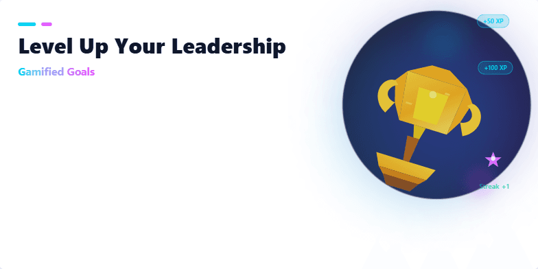 A slide titled 'Level Up Your Leadership: Gamified Goals' with a rotating low-poly trophy on a dark blue background. Animated experience points and badges highlight the gamification theme. Fragment #1
