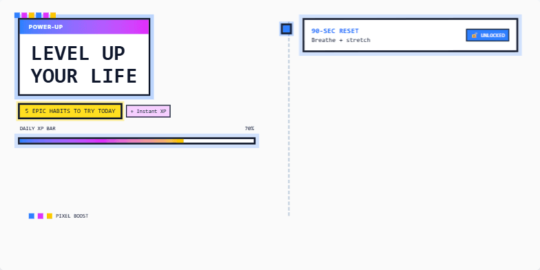 A slide with a gamified design featuring 'Level Up Your Life' as the title. It uses pixel art accents, a progress bar, and animated habit reveals, creating an engaging visual experience. Fragment #2