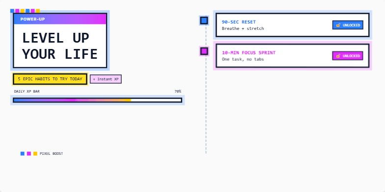 A slide with a gamified design featuring 'Level Up Your Life' as the title. It uses pixel art accents, a progress bar, and animated habit reveals, creating an engaging visual experience. Fragment #3