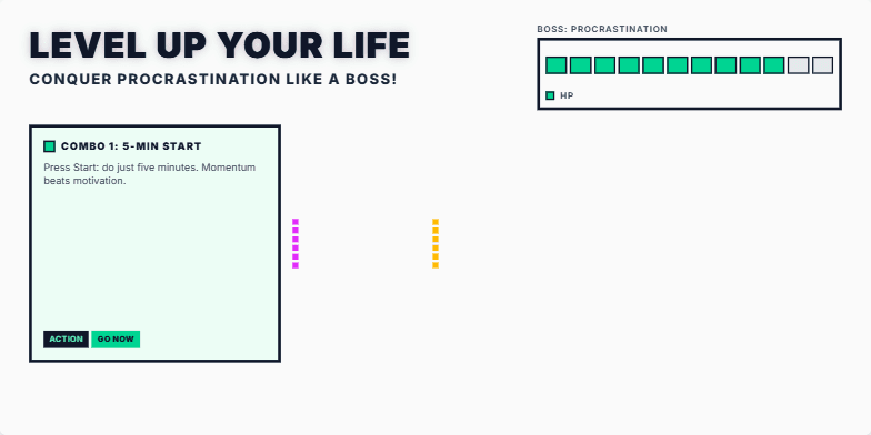 A slide with a retro-gaming aesthetic titled 'Level Up Your Life: Conquer Procrastination Like a Boss!' A pixelated health bar represents procrastination, depleting as productivity combos are revealed. The final slide shows a shimmering 'Level Up' badge. Fragment #1