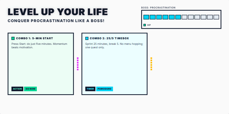A slide with a retro-gaming aesthetic titled 'Level Up Your Life: Conquer Procrastination Like a Boss!' A pixelated health bar represents procrastination, depleting as productivity combos are revealed. The final slide shows a shimmering 'Level Up' badge. Fragment #2